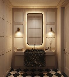 a bathroom with black and white checkered flooring next to a large mirror on the wall