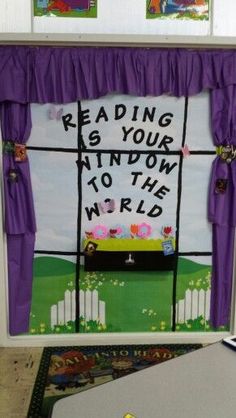 a classroom door decorated with purple curtains and writing reading is your window to the world