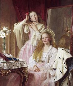 a painting of two women sitting at a table in front of a mirror, one holding her hair