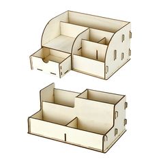 two white cardboard boxes with dividers on each side and one drawer open to show the contents