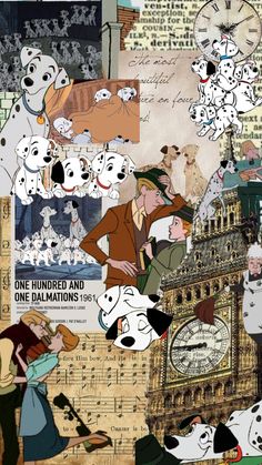 an image of many cartoon characters in front of a clock tower with dogs on it