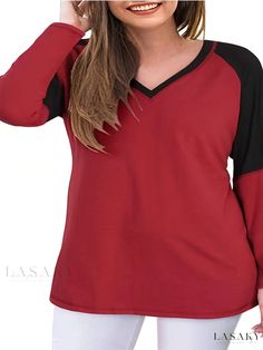 Lasaky - Womens Plus Size Medium Stretch V Neck Colorblock Long Sleeve T-shirt - A Stylish Casual Tee for the Fashion-Forward Sporty Contrast Color Tops For Fall, Casual Raglan Sleeve Tops With Contrast Color, Red Casual Top With Contrast Color, Casual Red Tops With Contrast Color, Casual Red Top With Contrast Color, Fall Color Block Top With Raglan Sleeves, Red Contrast Color Crew Neck Tops, Red Color Block Long Sleeve Top, Casual V-neck Color Block T-shirt