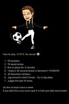 a woman is kicking a soccer ball with her arms out and the text below reads how to stay fit for soccer