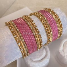 A set of two mini stacks of bangles, with gold and clear stonework and pretty pink coloured bangles. Ready to Ship! Packed loose in small gift box. (No roll) Bangles Set Indian, Fancy Bangles, Bridal Survival Kit, Pink White Nails, Bangle Box, Hand Harness, Fancy Jewellery Designs, Bridal Choker, Bangles Set