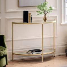 Modern Half-Moon Console Table – Gold Metal Frame with Glass Top and Lower Shelf -  Decor interiors Shelf Mirror, Half Moon Console Table, Hallway Console, Metal Console Table, Metal Console, Glass Console Table, Low Shelves, Bronze Metal, Round Side Table