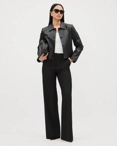 A classic black high-rise pant that definitely deserves a spot in your wardrobe. Designed with a wide leg and made in a stretch wool blend that will provide you with all-day comfort, this pant is a timeless piece you are sure to love. Matching blazer available. 

Fit & Cut
- Wide leg
- High-rise
- 33" inseam (size 8)

Design Details
- Stretch wool blend
- Front zipper closure with hook and bar
- Side pockets and welt pockets at back
- Pleats at leg
- Long length Yoga Jeans, Suits Clothing, Slim Fit Dress Shirts, Suit Pant, Fitted Dress Shirts, Slim Fit Dresses, Maternity Shops, Tailored Shirts, Slim Fit Shirt