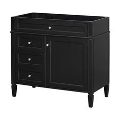 a black cabinet with drawers and two doors on the bottom, in front of a white background