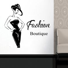 the fashion boutique wall decal is shown in black and white, with a woman's silhouette on it