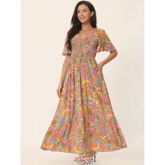 A floral maxi dress featuring a round neckline, short sleeves, and a shirred waist with a flowy silhouette. The semi-loose cut of this dress paired will quickly make this dress a favorite! This color is 100% Rayon, for a better dress experience, suggest ironing it low before wearing it! Enjoy all of the compliments in this bohemian maxi dress! Great for casual, work, beach, date, party, honeymoon, holiday, family gatherings and photoshoots, etc. Bohemian Ruched Short Sleeve Maxi Dress, Bohemian Ruched Maxi Dress With Short Sleeves, Multicolor Smocked Bodice Short Sleeve Dress, Multicolor Short Sleeve Dress With Smocked Bodice, Casual Billowy Floral Print Maxi Dress, Casual Billowy Maxi Dress With Floral Print, Bohemian Multicolor Ruched Maxi Dress, Multicolor Floral Print Maxi Dress With Flutter Sleeves, Multicolor Flutter Sleeve Maxi Dress With Floral Print