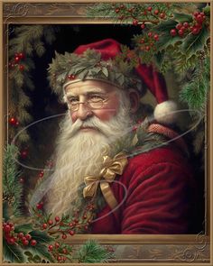 a painting of santa claus with holly wreaths on his head and beard, in a golden frame