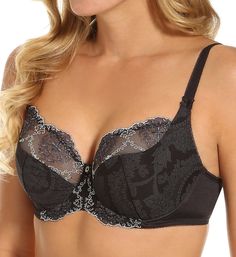 Designed for the full-busted and full-figure woman, this absolutely stunning underwire bra features non-stretch multi-part cups with sheer, embroidered upper cup and center. Lower panels are opaque with a muted print. Restricted stretch straps help prevent "bounce." 3-part, unpadded underwire cups have non-stretch mesh lining along bottom and side. Angled and vertical center cup seaming shapes your breasts. Center panel - arched for high tummy comfort, with mother-of-pearl button accent. Tall, s Elegant Fitted Bra With Medium Bust Support, Black Full Cup Bra With Removable Cups, Elegant Black Bra With Lined Body, Elegant Black Lined Bra, Elegant Underwire Bra With Medium Bust Support, Elegant Underbust Bra With Removable Pads, Elegant Full Coverage Bra With Removable Cups, Elegant Underwire Bra Partially Lined, Elegant Underbust Bra With Padded Cups