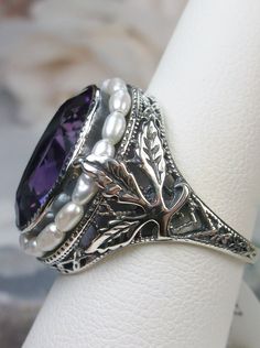 Natural Amethyst Ring, Sterling Silver Leaf Filigree, Pearl Frame, Vintage Jewelry, Silver Embrace Jewelry Exquisite Amethyst Jewelry With Center Stone, Exquisite Amethyst Rings With Gemstone Accents, Exquisite Amethyst Ring, Classic Wedding Amethyst Ring With Gemstone Accents, Classic Amethyst Rings With Gemstone Accents, Exquisite Amethyst Ring For Wedding, Elegant Purple Amethyst Ring For Gift, Exquisite Amethyst Wedding Ring With Gemstone Accents, Victorian Amethyst Gemstone Jewelry