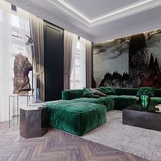 a living room filled with green velvet furniture