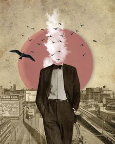 a man in a suit and tie with birds flying over him on top of a train track