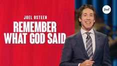 a man in a suit and tie standing next to a red background with the words,'remember what god said '