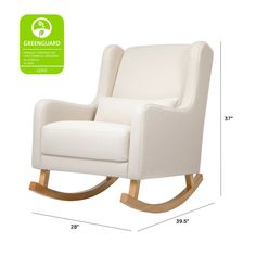 a white rocking chair is shown with measurements