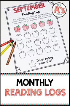 an apple themed reading log with pencils and crayons