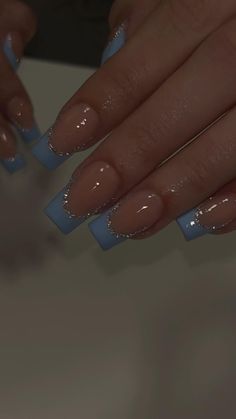 French tip nails Blue Prom Nails, Nail Spring, Nails Grey, Blue And Silver Nails, Blue Glitter Nails, Unghie Nail Art, Baby Blue Nails