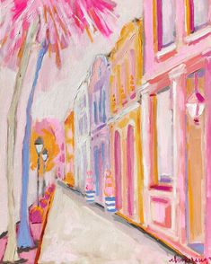 an oil painting of a street scene with pink buildings and a palm tree in the foreground