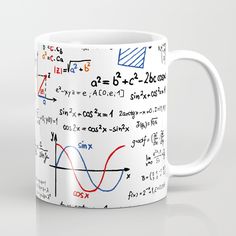 a white coffee mug with some calculations on it