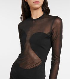 Find ALAÏA Alaïa Semi-sheer Paneled Minidress on Editorialist. Material: 81% viscose, 1% polyurethane, 18% polyamide. Made in Italy. Closure: zipped back. Designer color name: Noir Alaia. Material II: 100% silk. Care instructions: dry clean. Sheer Bodice Mesh Mini Dress For Evening, Chic Mesh Mini Dress For Evening, Evening Mini Dress With Sheer Mesh Bodice, Sheer Stretch Mini Dress For Cocktail, Cocktail Sheer Stretch Mini Dress, Chic Sheer Mesh Evening Dress, Elegant Nylon Club Dress, Fitted Mini Dress With Sheer Mesh Back, Elegant Sheer Nylon Mini Dress