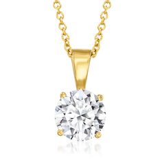 Ross-Simons - 1.00ct Lab Grown Diamond Solitaire Necklace in 14kt Yellow Gold. 18". Boasting classic beauty, our 1.00 carat round brilliant-cut lab-grown diamond solitare necklace is the perfect signature piece. Set in polished 14kt yellow gold and suspended from a cable chain with a 2" extender. Lab-grown diamonds are identical to mined diamonds according to their optical, physical and chemical properties. All Ross-Simons lab-grown diamond jewelry includes an IGI Laboratory-Grown Diamond Report 14k Gold Solitaire Necklace With Round Cut, Classic Yellow Gold Solitaire Diamond Necklace, 14k Gold Solitaire Necklace With Diamond Cut, 14k Gold Solitaire Necklace With Prong Setting, Dazzling 14k Gold Solitaire Necklace With Round Cut, Yellow Gold Solitaire Necklace With Brilliant Cut Cubic Zirconia, Classic Gold Solitaire Necklace With Lab Grown Diamond, Yellow Gold Round Cut Lab Grown Diamond Necklace, Brilliant Cut Yellow Gold Solitaire Necklace