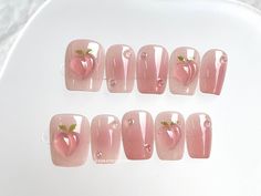 Introducing our stunning set of Jelly Peach Blush Press On Nails - the perfect accessory for a breezy dreamy summer day! These short nails feature a beautiful ombre blush base that fades seamlessly from a soft pink to a translucent white, topped with jelly peach charms. The effect is a stunning, multi-dimensional look that evokes the beauty and romance of a summer day.  These short nails are perfect for those who want to add a touch of whimsy and romance to their look. They're the perfect access Square Ombre, Nail Square, Kpop Nails, Nail Short, Back To School Nails, Short Press On Nails, Press On Nails Short, Pink Chrome