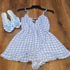 Nwt Honey & Sparkle Small Blue And White Checkered Print Elastic Banded Waist Ruffle Detail Fully Lined Romper Adjustable Straps Pairs Excellent With The Gianni Bini Heels Pictured! Summer Blue Jumpsuits And Rompers For Daywear, Blue Jumpsuits And Rompers For Summer Daywear, Blue Jumpsuits And Rompers For Spring Daywear, Casual Blue Jumpsuits And Rompers For Daywear, Sparkle Pants, Gianni Bini Heels, Clothing Sewing Patterns, Checkered Print, Clothes Sewing Patterns