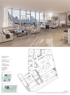 the floor plan for an apartment in new york city, with two separate living areas and one bedroom