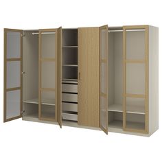 an open closet with drawers and shelves on each side is shown in three different colors