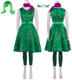 two mannequins dressed in green and pink clothing