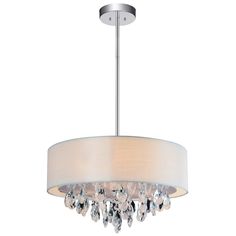 a chandelier with white fabric shade and crystal drops hanging from the bottom down