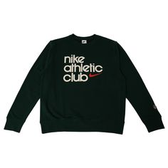 Nike Men Sportswear Club Crewneck (pro green) Sporty Logo Print Sweatshirt For Leisure, Sporty Sweatshirt With Logo Print For Leisure, Green Athleisure Sweats With Ribbed Cuffs, Sporty Logo Print Sweatshirt For College, Sportswear Sweatshirt For Leisure During Sports Season, Sports Season Leisure Sweatshirt, Throwback Crew Sweatshirt For Sports Season, Green Sports Sweatshirt For Fall, Green Sporty Sweats For Leisure