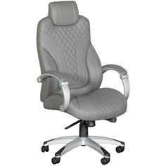 a grey office chair with wheels and armrests on an isolated white background, viewed from the front