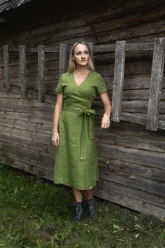 100% natural linen wrap dress. Handmade skin friendly flax dress could be a great choice for traveling, holidays, home or busy city life. Breathable linen will definitely suit you for many years because of it's sustainability. Long beautiful dress is perfect as a maternity dress. It's lightweight, minimalistic garment for everyday's moments. Find all colours options in photo gallery.  Length of dress - 112-115 cm / 44-45 inches If you are getting more sustainable and found that the clothes are s Bohemian Green Linen Dress, Green Bohemian Linen Dress, Green Linen Bohemian Dress, Fitted Bohemian Linen Dress For Spring, Fitted Bohemian Linen Dress, Spring Bohemian Fitted Linen Dress, Green Linen V-neck Dress, Green V-neck Linen Dress, Fitted Green Linen Midi Dress