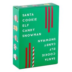 a green box with red and white candy canes on it's side that says santa cookie elf candy snowman