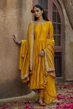 Shop for Punit Balana Yellow Silk Chanderi Anarkali Set for Women Online at Aza Fashions Yellow Anarkali, Silk Anarkali, 1950’s Fashion, Women Kurta, Anarkali Kurta, Sharara Set, Embroidered Neckline, Kurta With Pants, Silk Dupatta