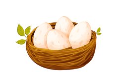 a basket filled with eggs sitting on top of a wooden table next to green leaves