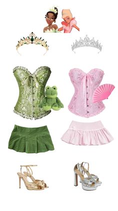 the princess and the frog costume is shown in four different colors, including pink, green,