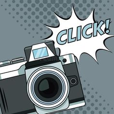 an old camera with the word click on it royalty illustration