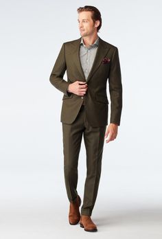 The Prescot's small-scale herringbone pattern gives this olive suit an added dash of sophistication. Add some rustic, countryside charm to your collection with this fall favorite. Brown Suit Wedding, Olive Suit, Semi Formal Wedding Attire, Mountain Chic, Olive Blazer, Gray Suits, Formal Wedding Attire, Olive Fabric, Suits Black