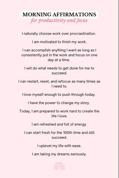 a poem written in pink and black with the words morning affirmationss on it