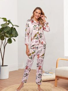 Artificial Silk Long-Sleeved Trousers Home Wear Pajamas: Women's Exclusive Floral Print Long Sleeve Sleepwear For Lounging, Long Sleeve Floral Print Sleepwear For Lounging, Long Sleeve Floral Print Sleepwear For Sleepover, Floral Print Sleepwear For Pajama Party, Printed Long Sleeve Sleepwear For Home, Printed Long Sleeve Sleepwear, Casual Long Sleeve Sleepwear With Floral Print, Casual Long Sleeve Floral Print Sleepwear, Floral Print Long Sleeve Sets For Sleepover