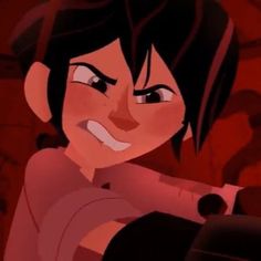 a cartoon character with black hair and brown eyes sitting in front of a red background