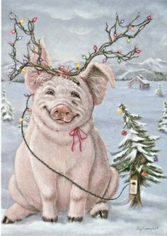 a pig with christmas lights on its head sitting in the snow next to a tree