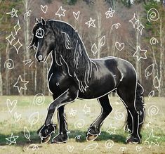 a black horse standing in the middle of a field with hearts and arrows all over it