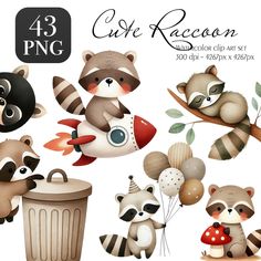 cute raccoon clipart set with balloons and mushrooms