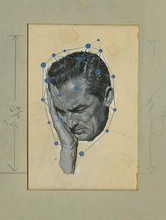 a painting of a man with his hand on his face and dots in the background