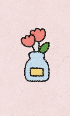 a blue vase with flowers in it on a pink background and the words love is written below