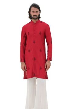 Red full sleeves kurta with damask beaded embroidery. Paired with an ivory trouser. - Aza Fashions Red Kurta With Floral Embroidery For Transitional Season, Red Floral Embroidered Kurta For Transitional Season, Red Floral Embroidery Kurta For Transitional Season, Red Straight Kurta For Traditional Ceremonies, Red Long Sleeve Bandhgala For Designer Wear, Red Bandhgala For Eid With Straight Kurta Shape, Red Long Sleeve Kurta For Traditional Ceremonies, Bollywood Style Red Bandhgala Straight Kurta, Red Fitted Sherwani For Navratri